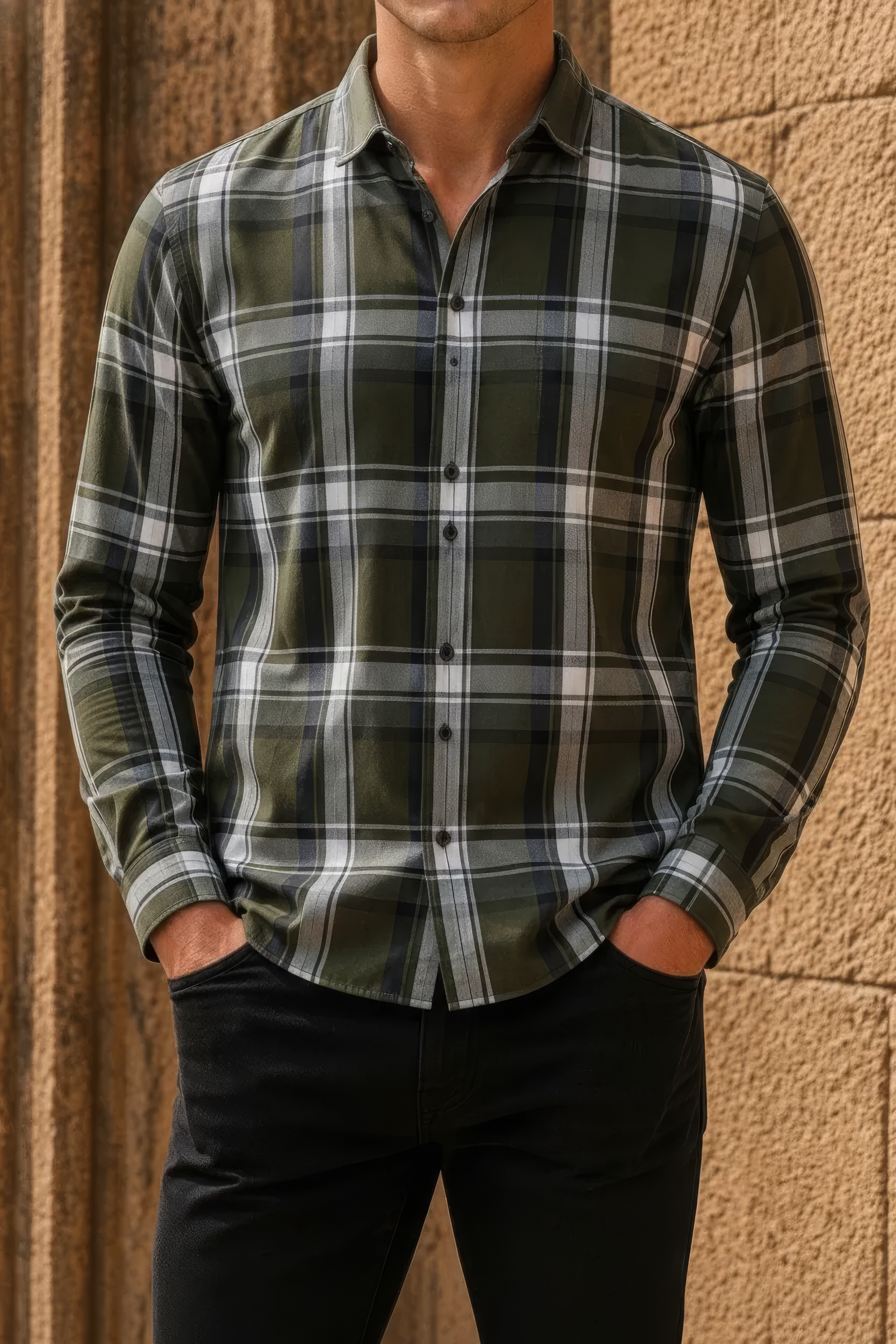 Men’s Olive Check Cotton Tencel Shirt