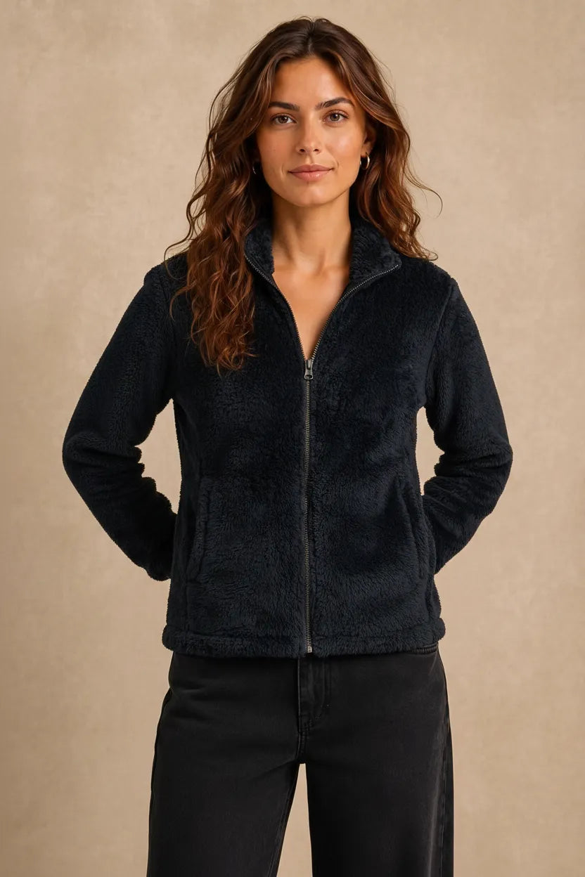 Women Black Double Sided Coral Fur Full Zip | Soft Winter Sweatshirt