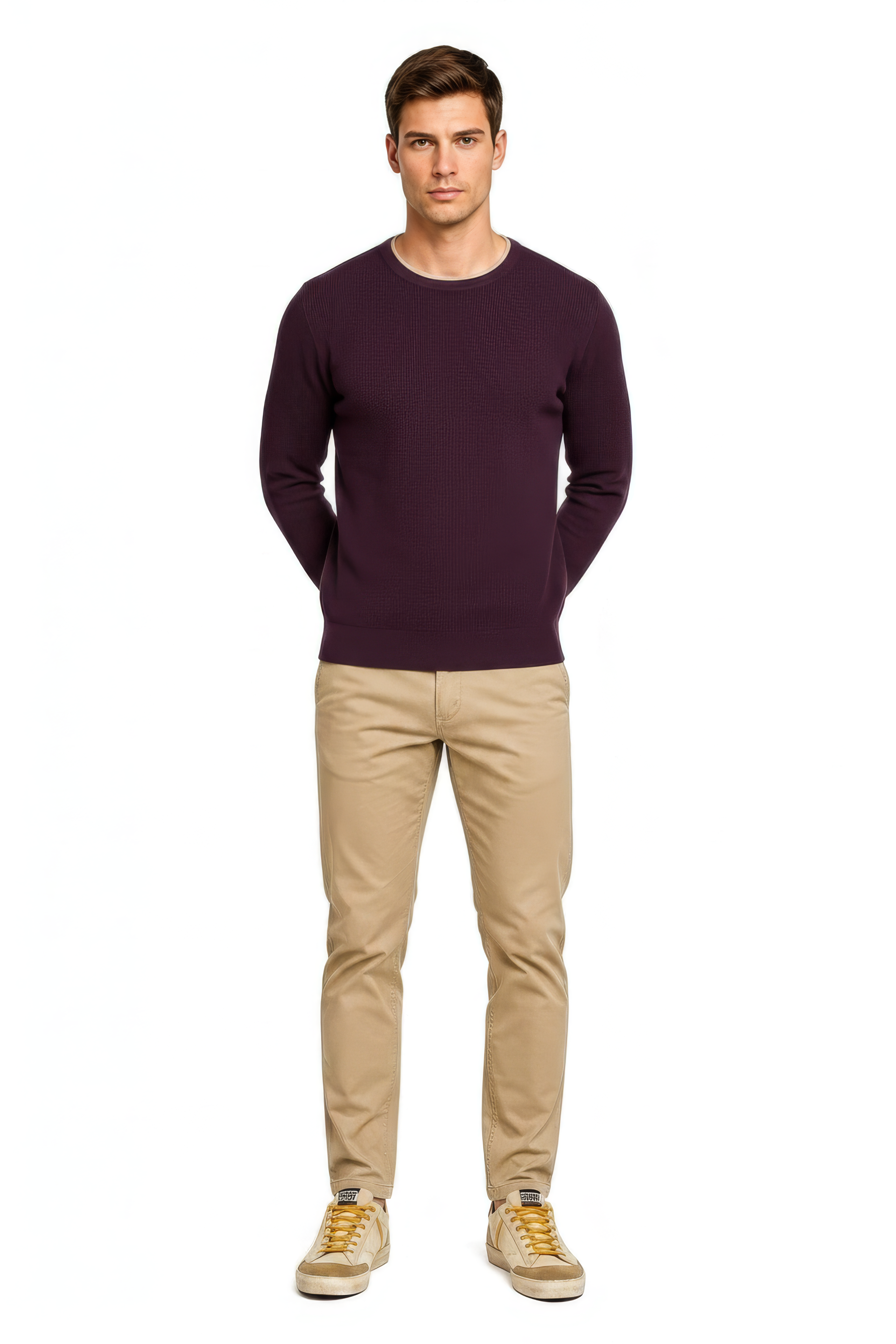 Men’s Wine Structured Cotton Round-Neck Full-Sleeve Winter Top
