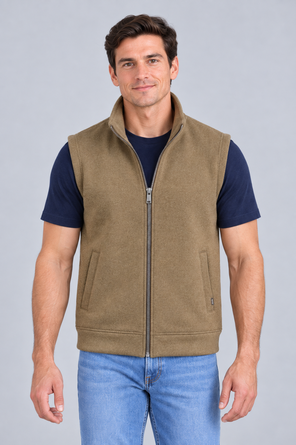Men’s Brown Melange German Velvet Knitted Gilet – Regular Fit Full Zip Sleeveless Jacket