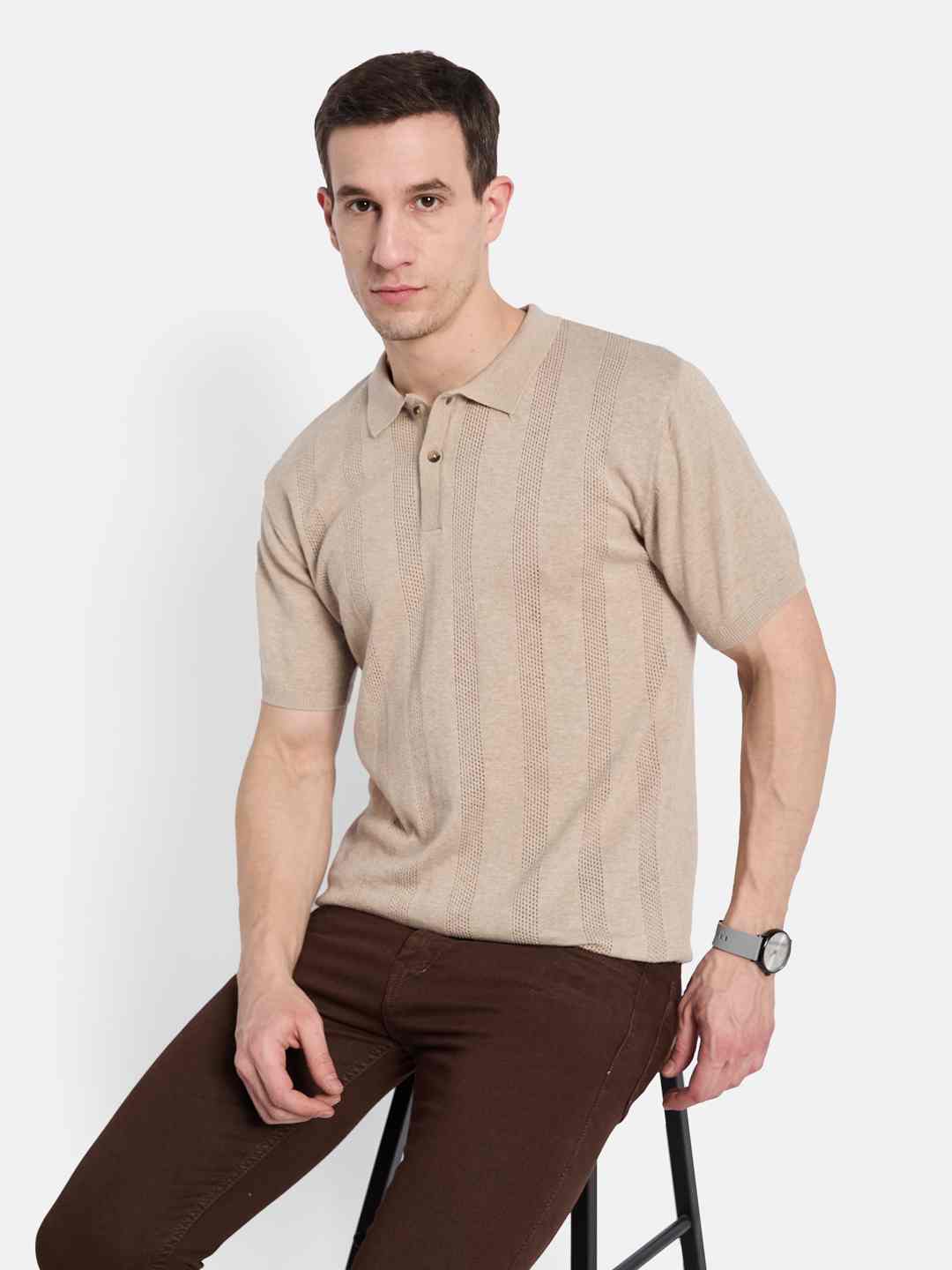 METTLE Men Striped Polo Collar T-shirt