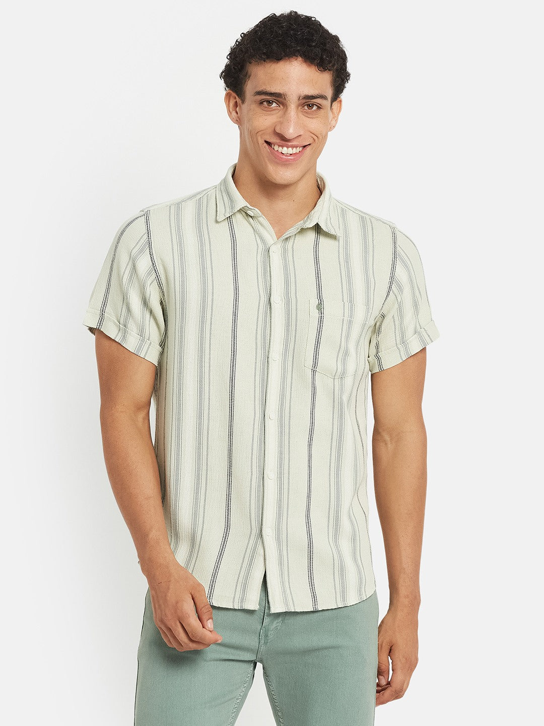 METTLE SS25 Striped Cotton Spread Collar Casual Shirt