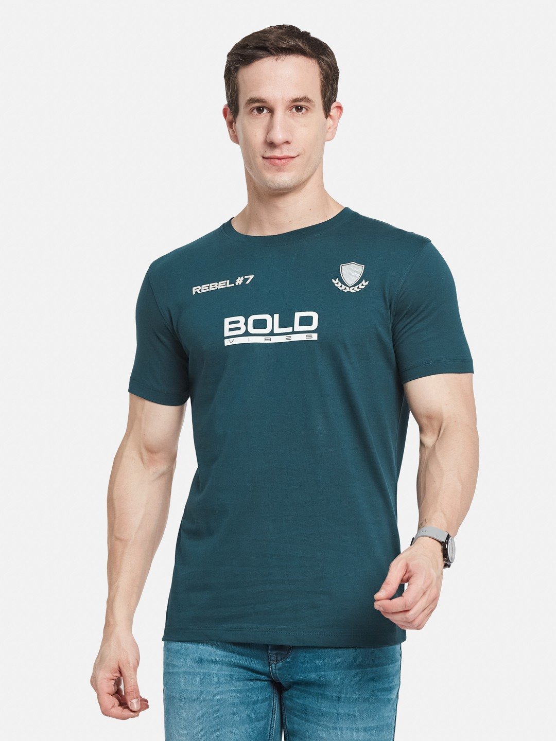BACK  PRINT ROUND NECK SINGLE JERSEY KNIT T-SHIRT