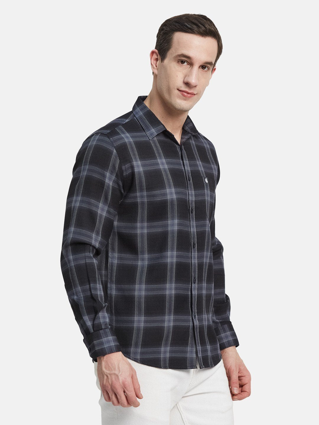 METTLE Men Spread Collar Buffalo Checked Cotton Casual Shirt