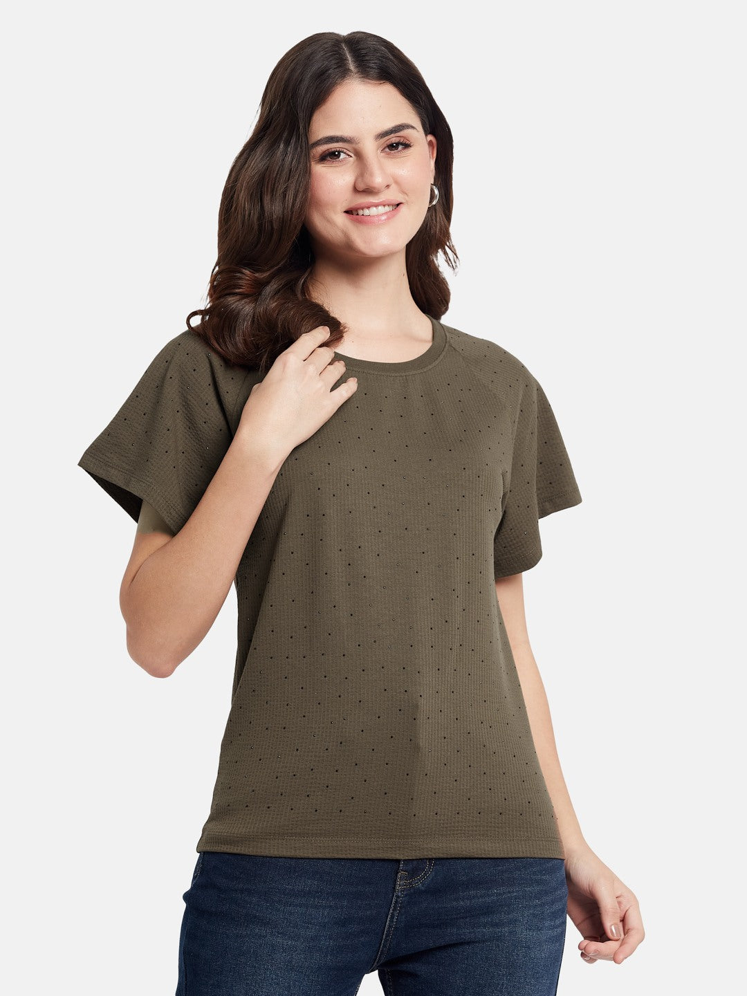 METTLE Cut Outs Round Neck Casual T-shirt