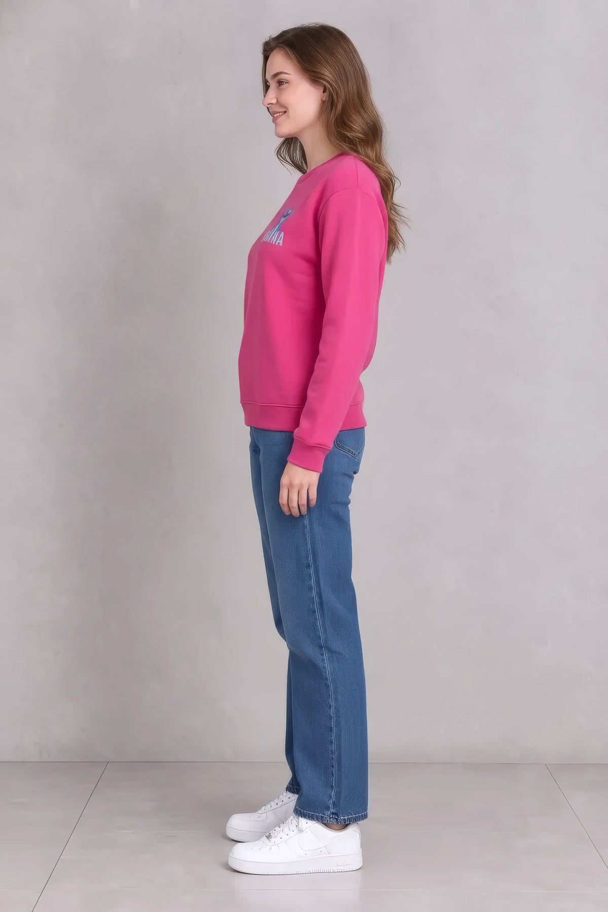 Women’s Hot Pink Disney Stitch Cotton Brushed Fleece Sweatshirt – Regular Fit