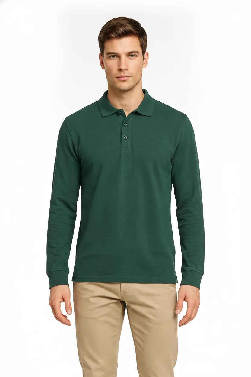 Men's Hunter Green Full Sleeve Cotton Pique Polo T-Shirt | Premium Pre-Winter Casual Polo