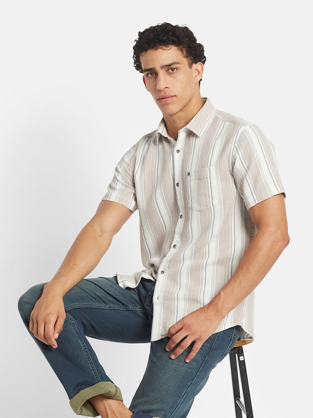 METTLE Striped Short Sleeves Spread Collar Cotton Opaque Regular Fit Casual Shirt