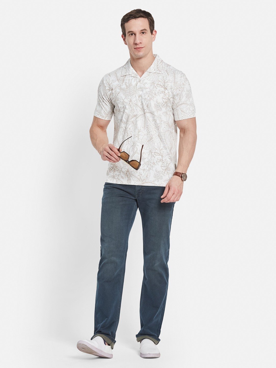 AOP FLORAL PRINT POLO NECK COTTON T-SHIRT