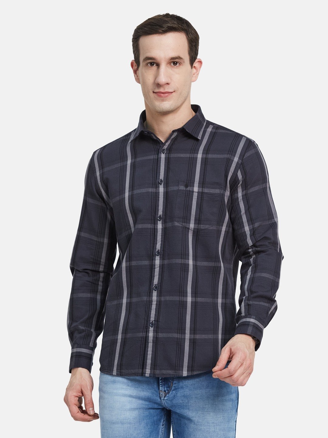 METTLE Men Spread Collar Buffalo Checked Cotton Casual Shirt