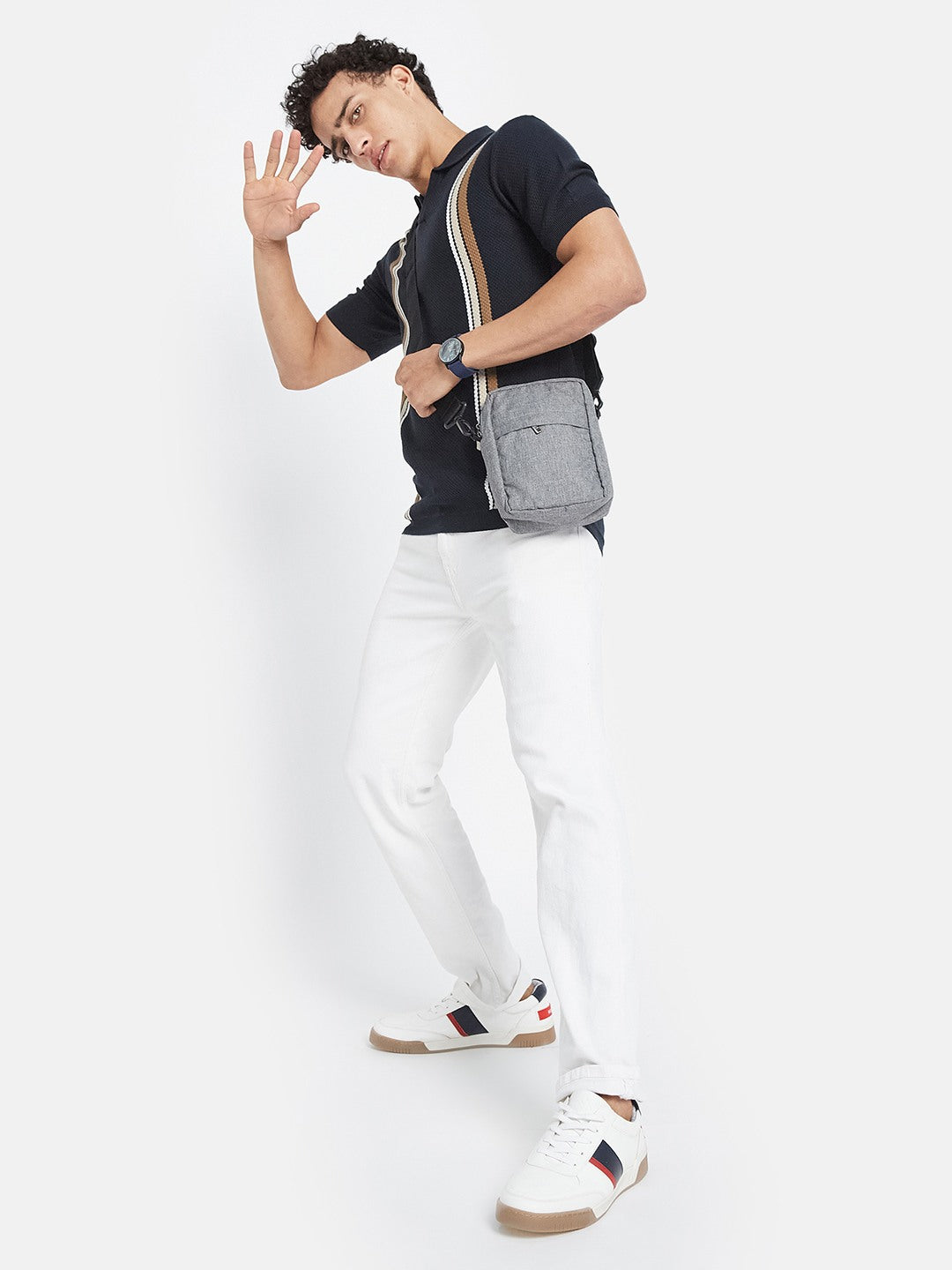 METTLE Men Striped Polo Collar Cotton T-shirt
