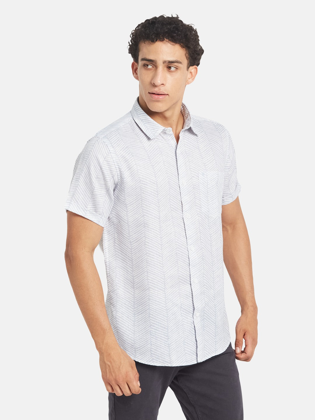 METTLE SS25 Geometric Printed Spread Collar Casual Cotton Shirt