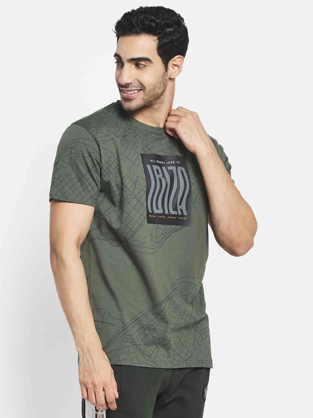 Octave Men Olive Green  Goblin Blue Typography Printed Raw Edge T-Shirt