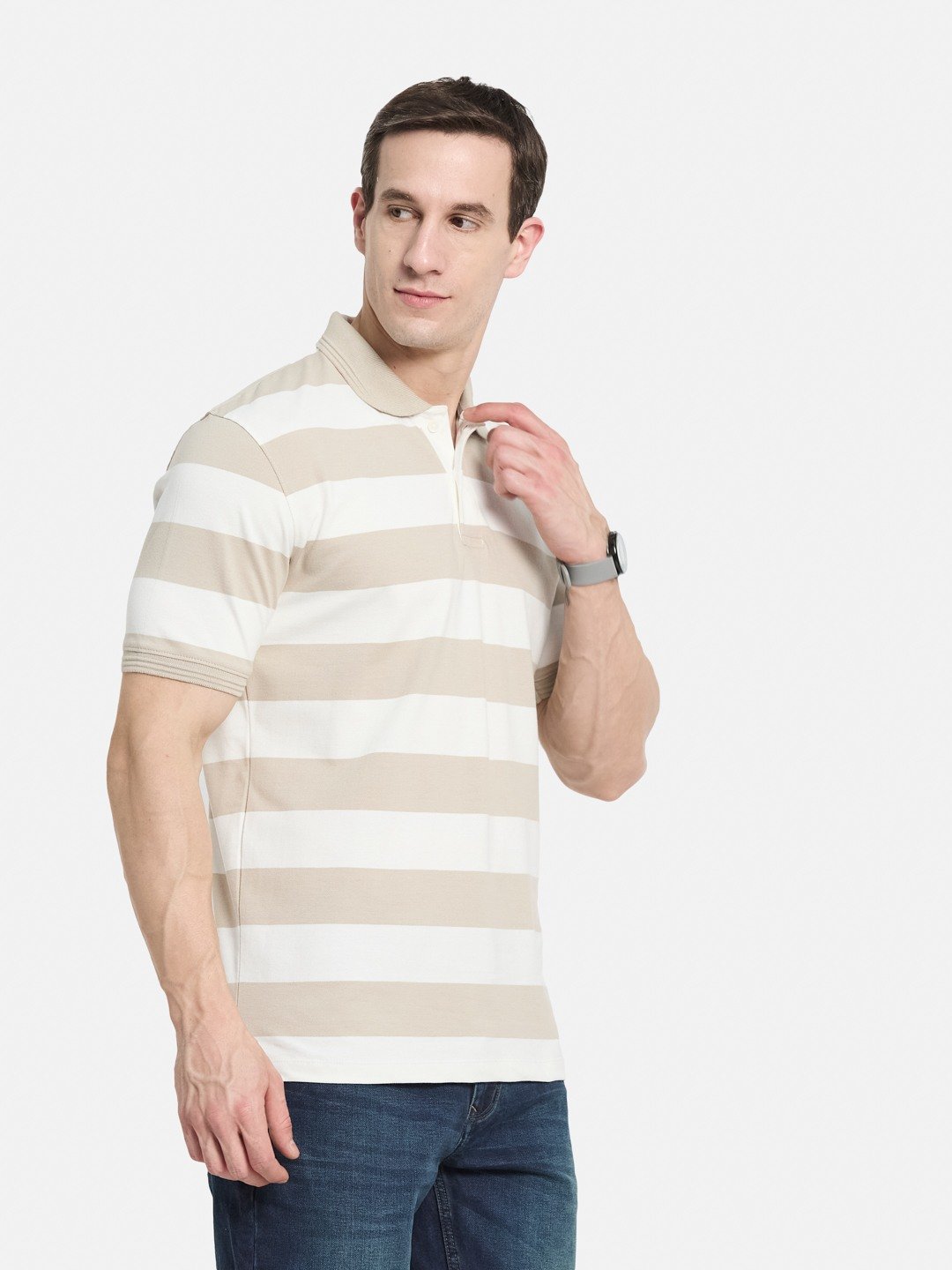 STRIPE POLO NECK PIQUE LYCRA T-SHIRT
