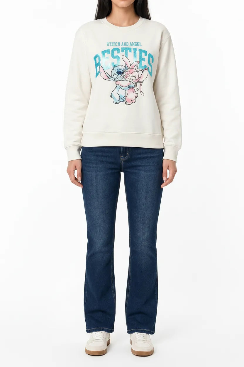 Disney Stitch & Angel 'Besties' Graphic Sweatshirt - Off-White Cotton Fleece