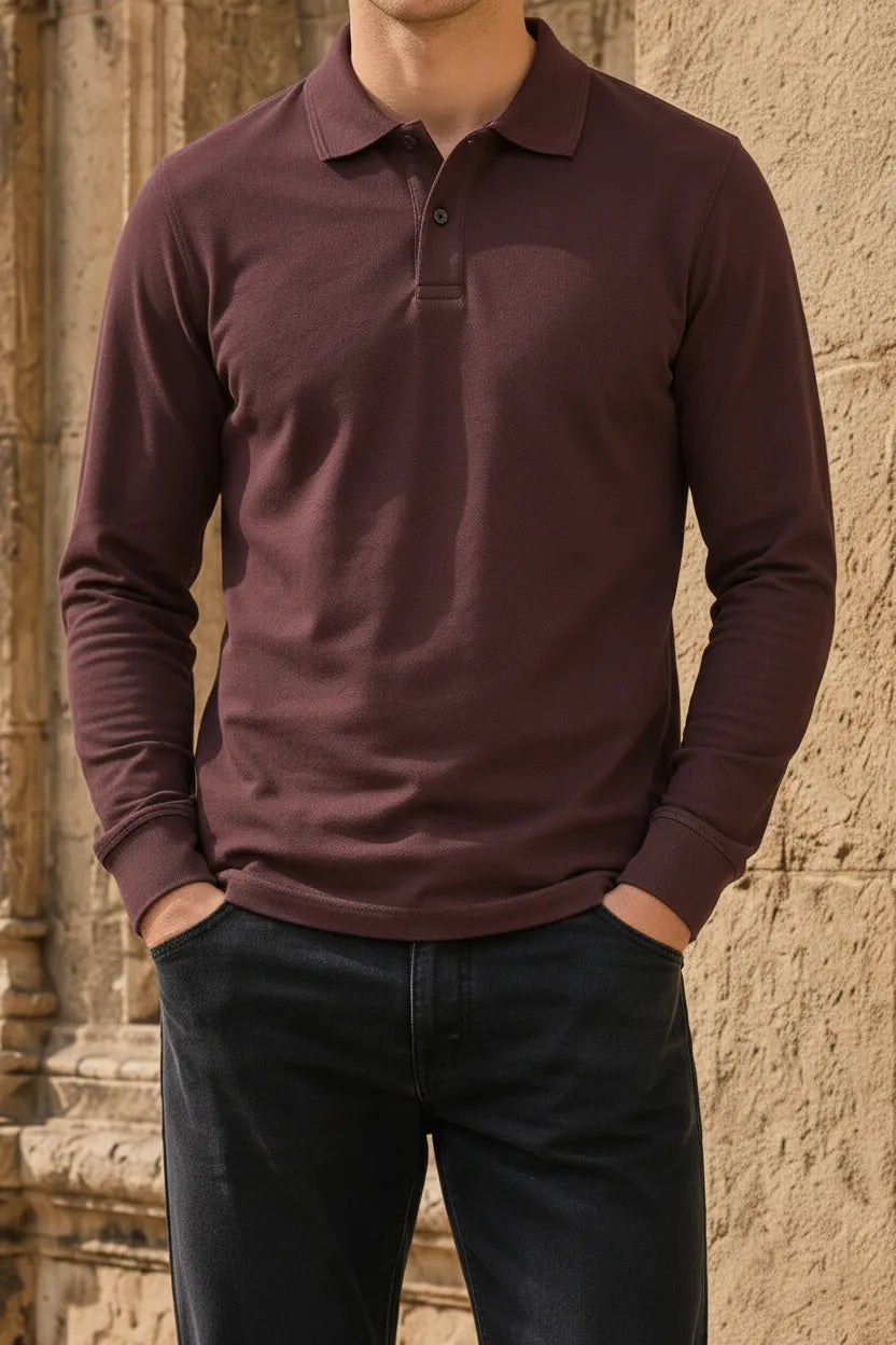 Men’s Espresso Pique Lycra Polo Neck Full-Sleeve Winter T-Shirt