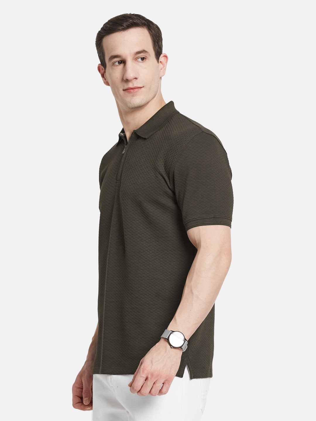 STRUCTURE HALF-ZIP POLO NECK POPCORN KNIT T-SHIRT