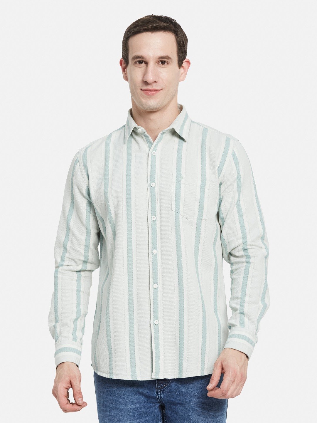 METTLE Men Spread Collar Vertical Striped Cotton Casual Shirt