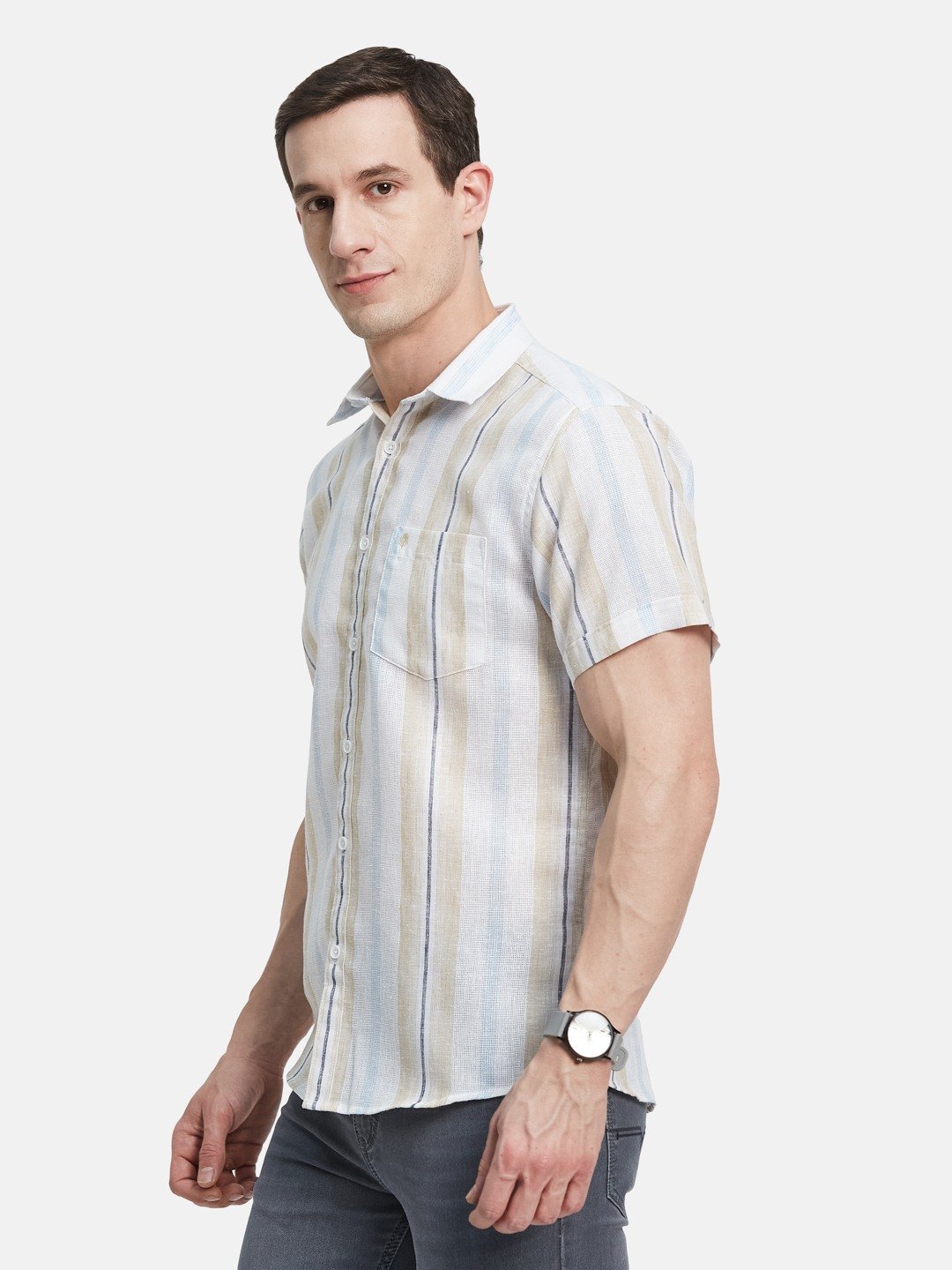 METTLE Men Spread Collar Vertical Striped Cotton Casual Shirt