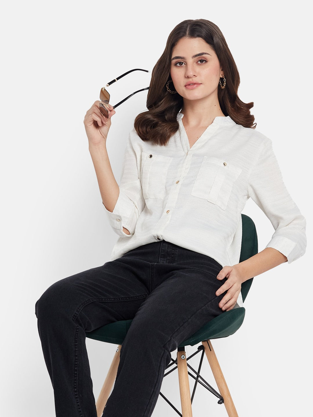 METTLE Women Solid Mandarin Collar Cotton Casual Shirt