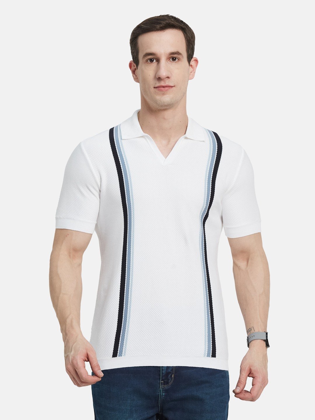 METTLE Men Striped Polo Collar Cotton T-shirt