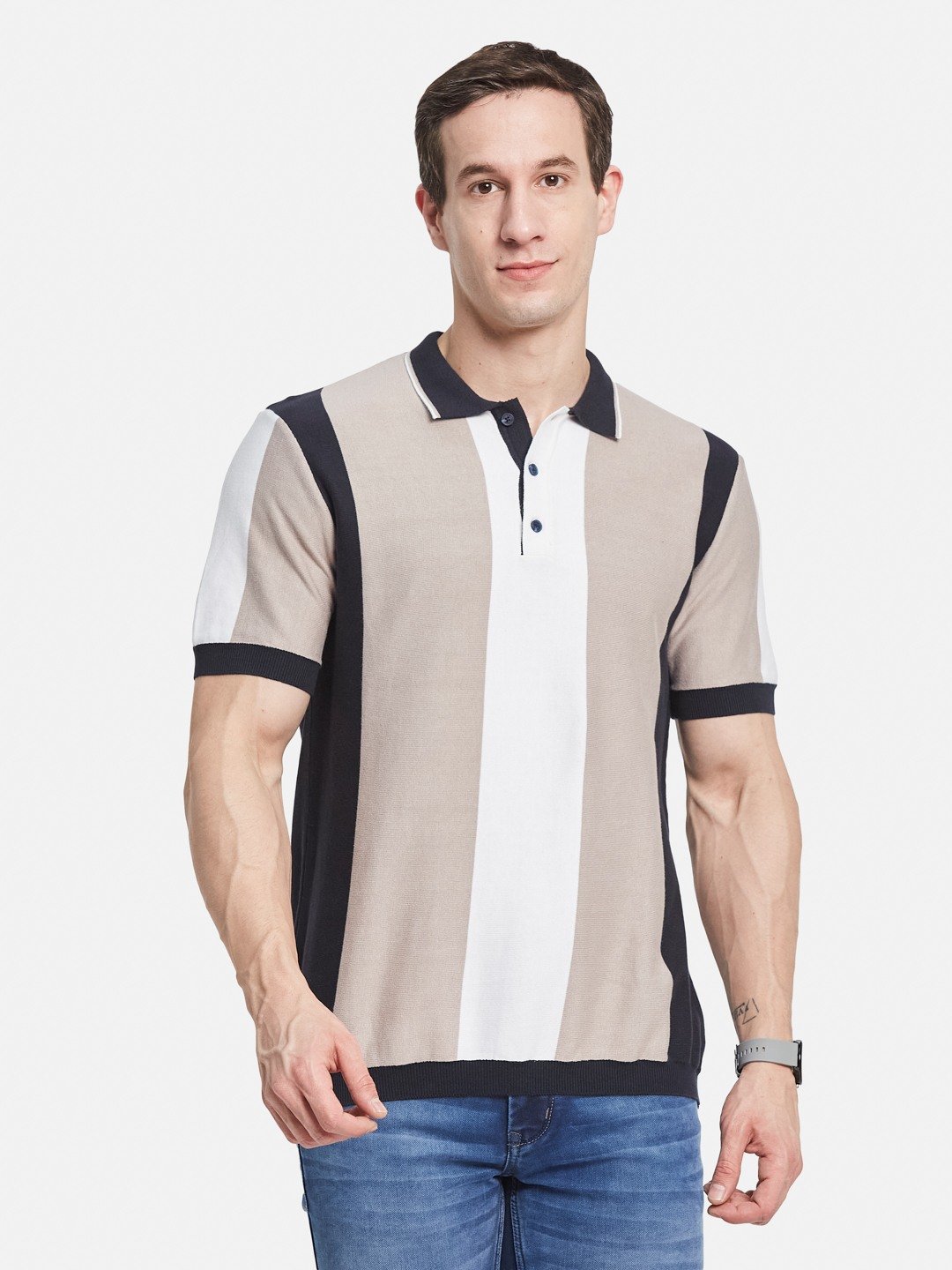 METTLE Men Colourblocked Polo Collar T-shirt