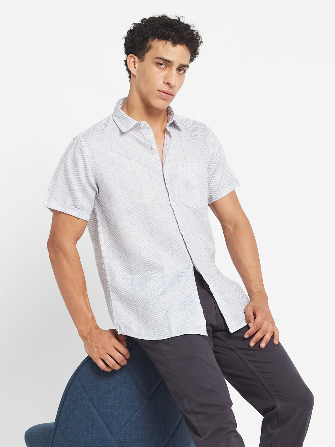 METTLE SS25 Geometric Printed Spread Collar Casual Cotton Shirt