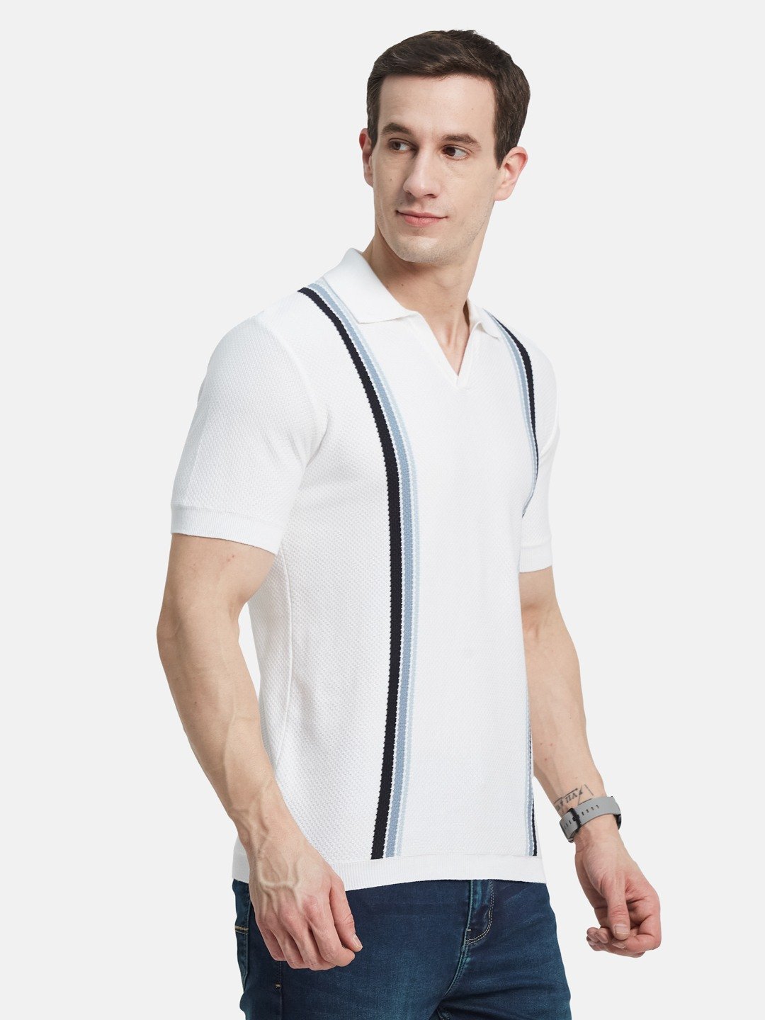 METTLE Men Striped Polo Collar Cotton T-shirt