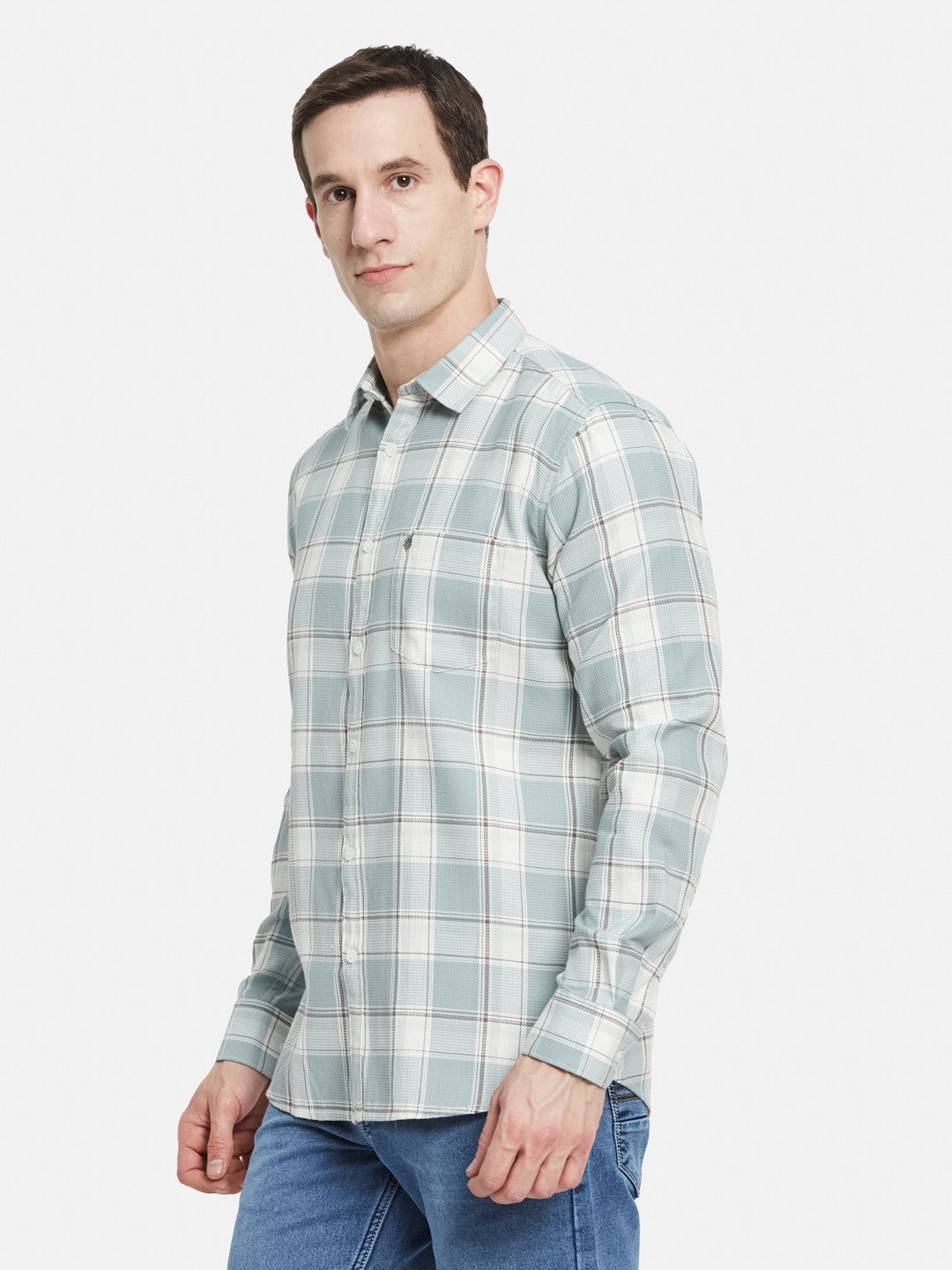 METTLE Men Spread Collar Tartan Checked Cotton Casual Shirt