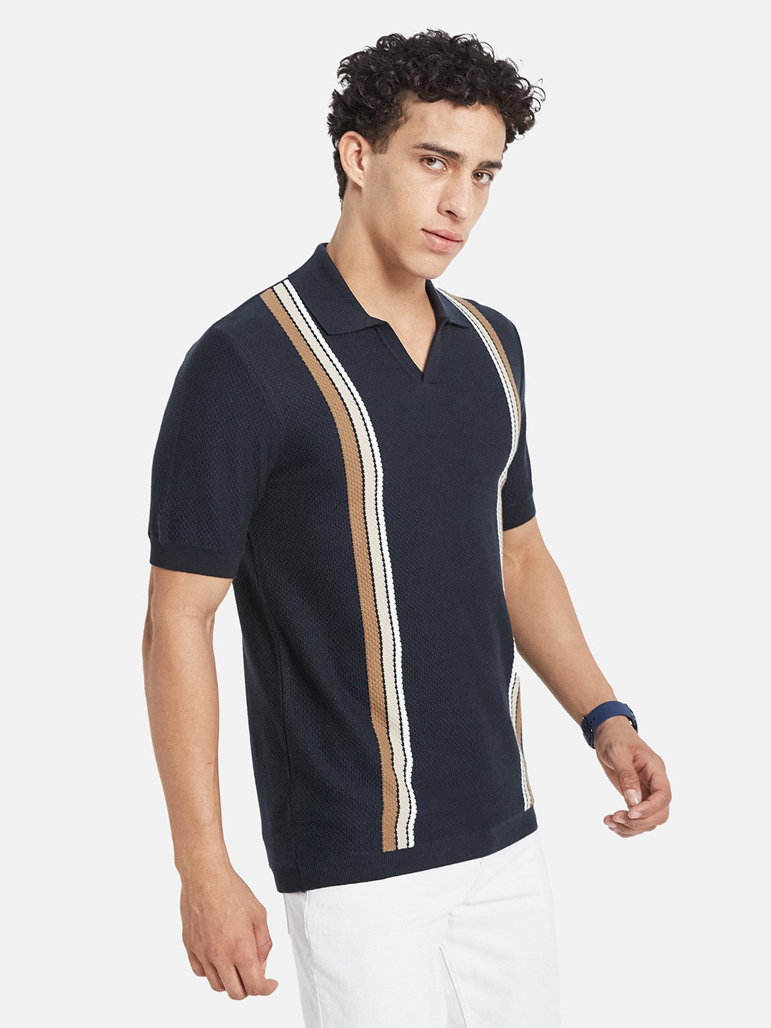 METTLE Men Striped Polo Collar Cotton T-shirt