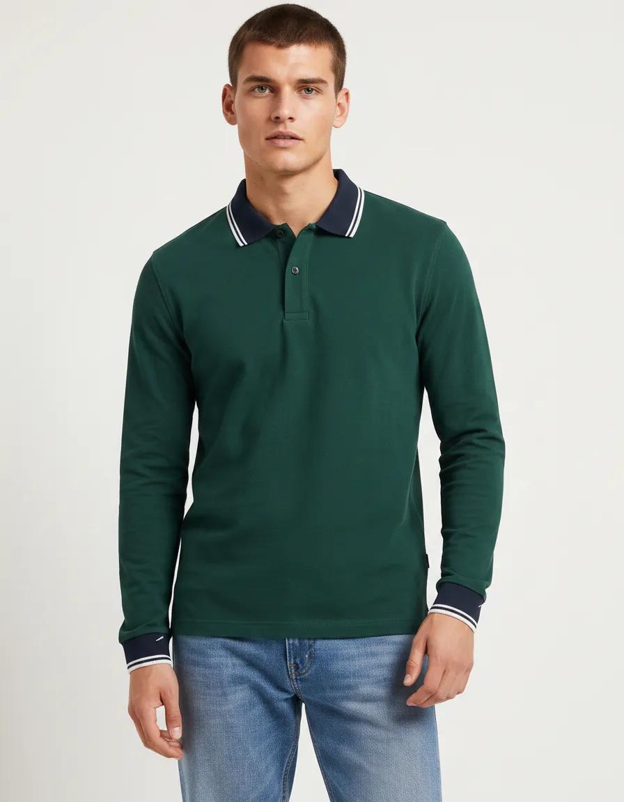 Men’s Bottle Green Full Sleeve Polo T-Shirt | Cotton Blend Lycra Stretch
