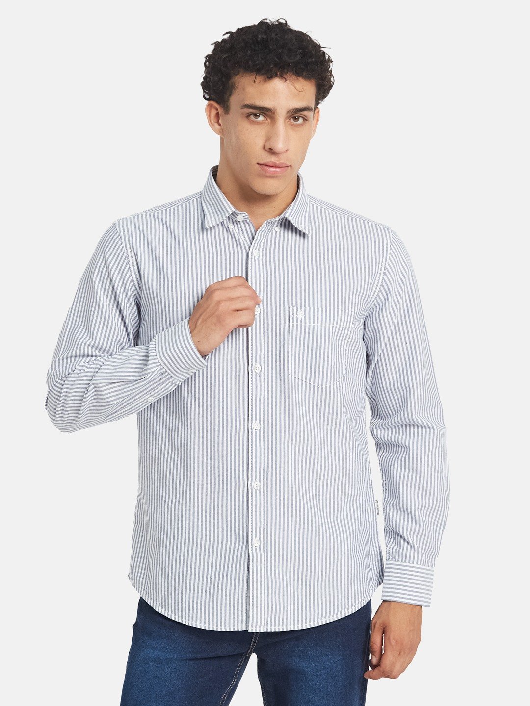 METTLE Men Vertical Striped Button-Down Collar Cotton Casual Shirt