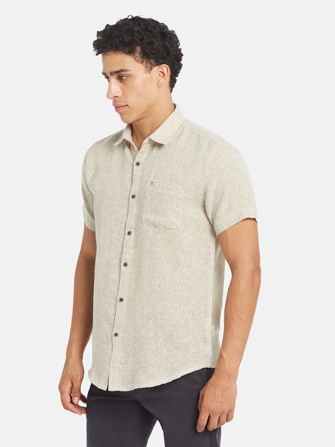 METTLE Textured Short Sleeves Spread Collar Cotton Opaque Regular Fit Casual Shirt