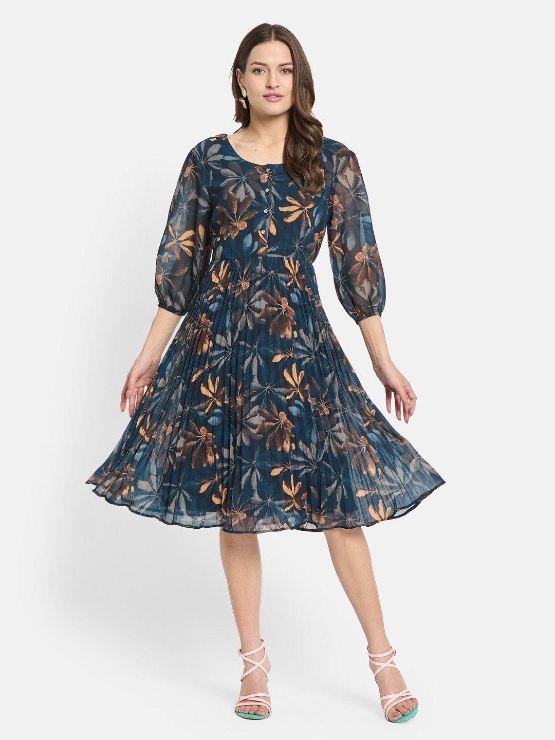 METTLE Women Floral Print Puff Sleeve Fit & Flare Dress