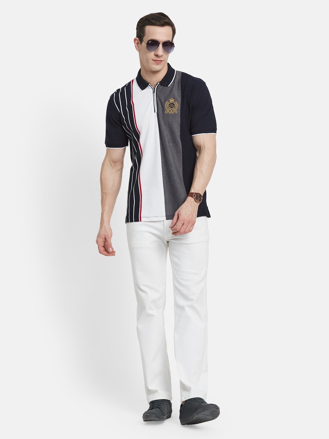 VERTICAL STRIPE HALF-ZIP POLO NECK PIQUE LYCRA T-SHIRT