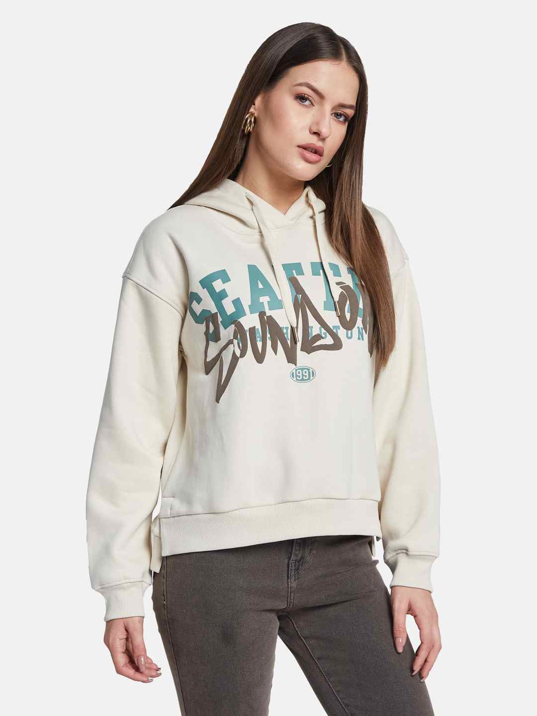 METTLE Women Printed Hooded Sweatshirt
