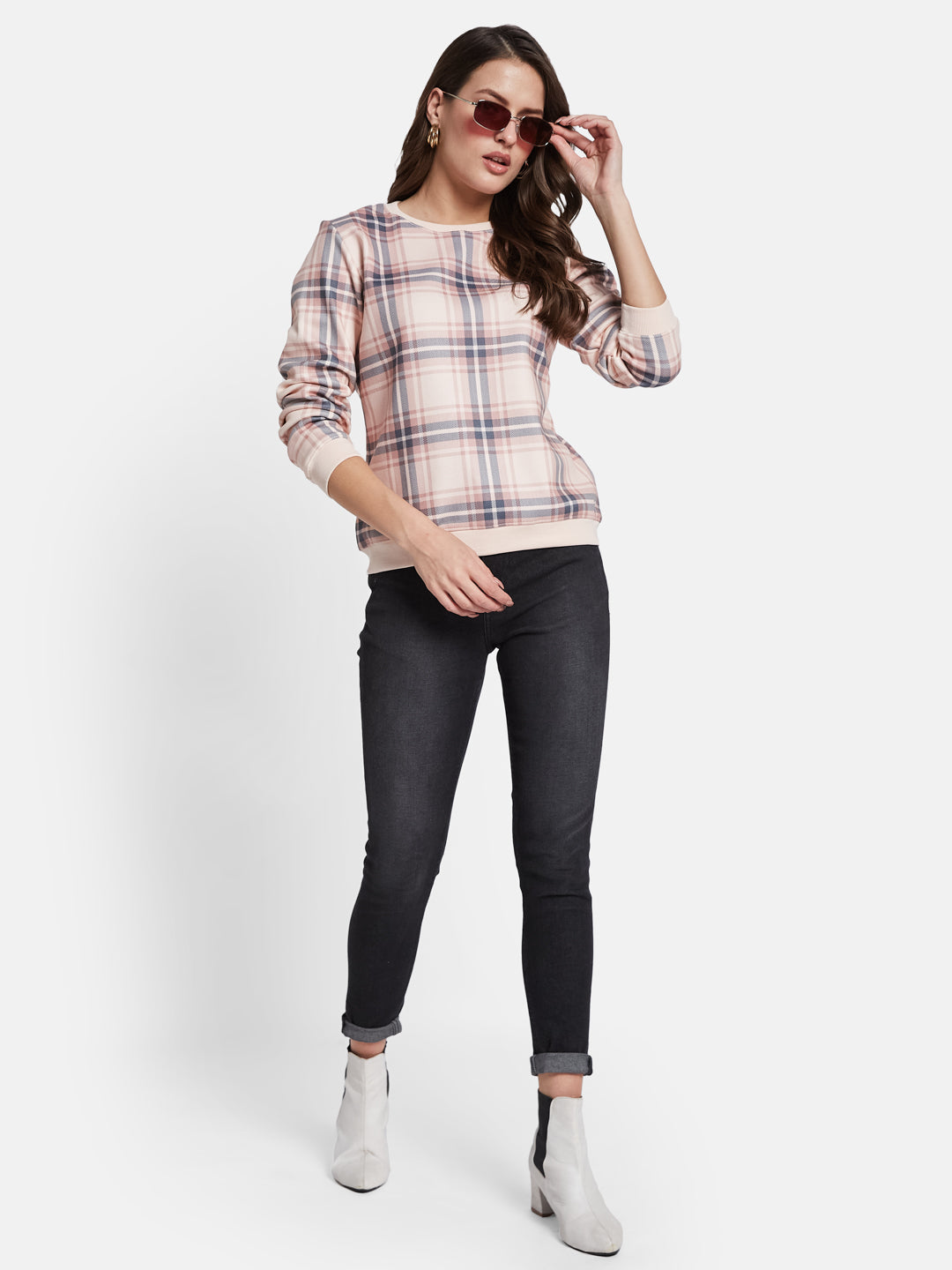 METTLE Women Checked Round Neck Long Sleeves Sweatshirt