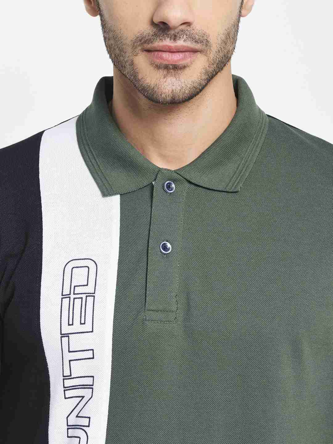 Octave Men Olive Green Colourblocked Polo Collar Applique T-Shirt