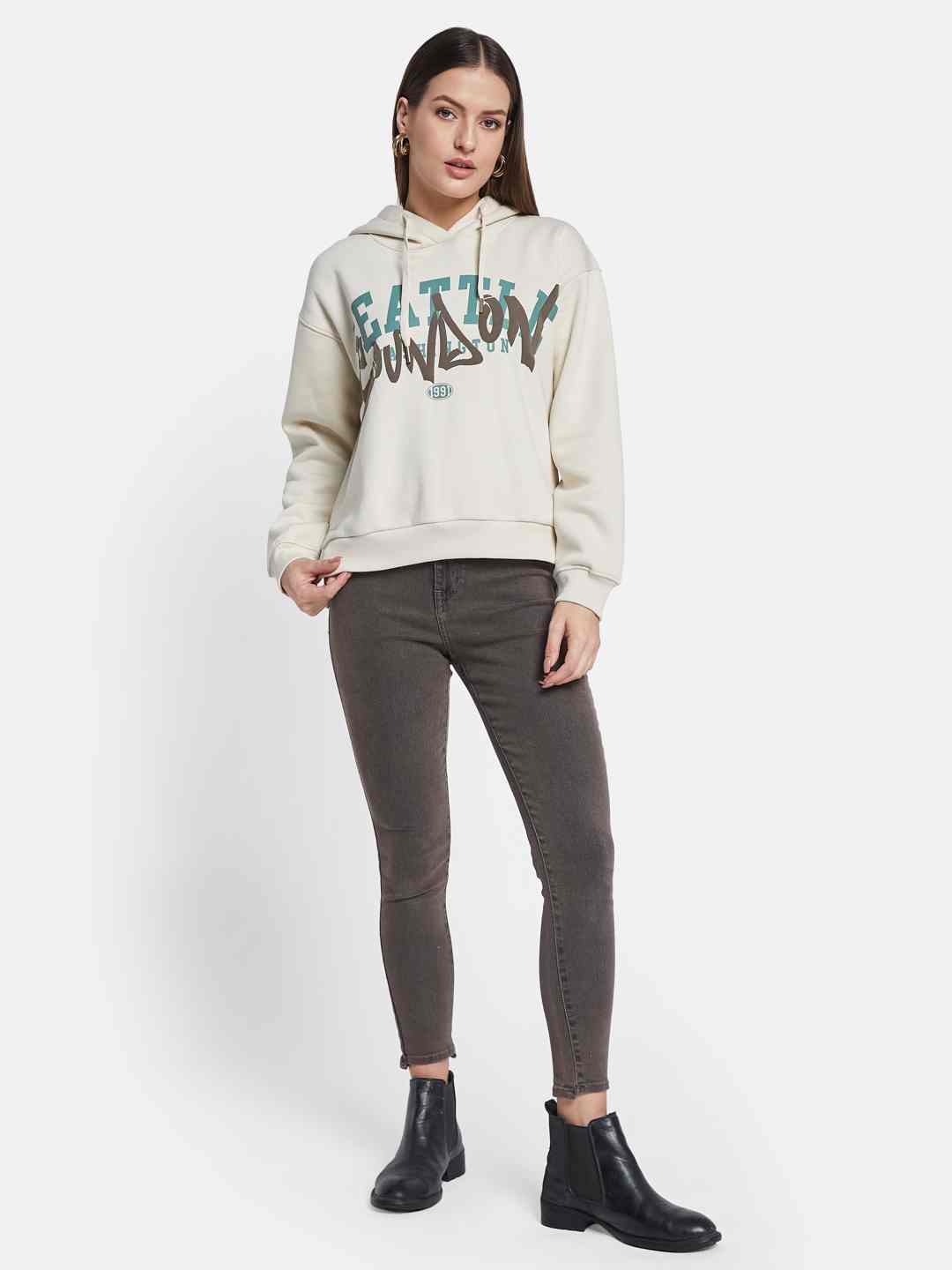 METTLE Women Printed Hooded Sweatshirt