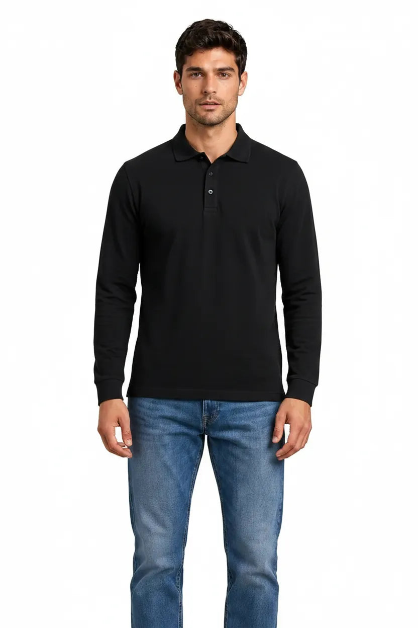 Men’s Black Pique Lycra Polo Neck Full-Sleeve Winter T-Shirt