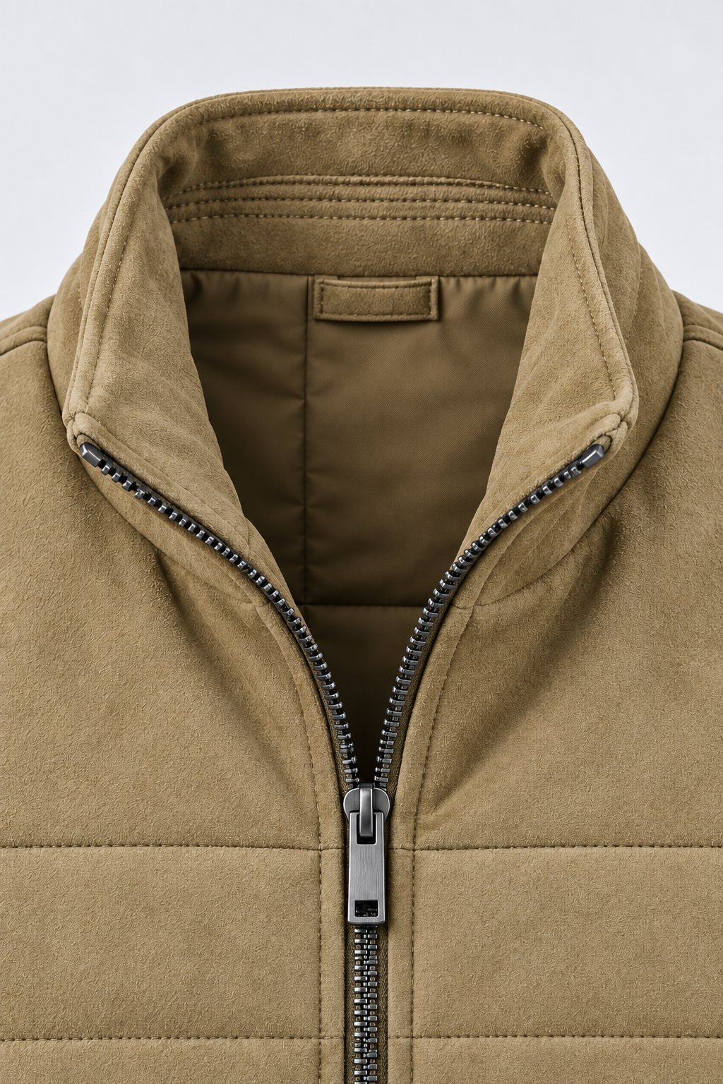 Men’s Khaki Quilted Knitted Suede Puffer Gilet – Regular Fit Full Zip Sleeveless Jacket