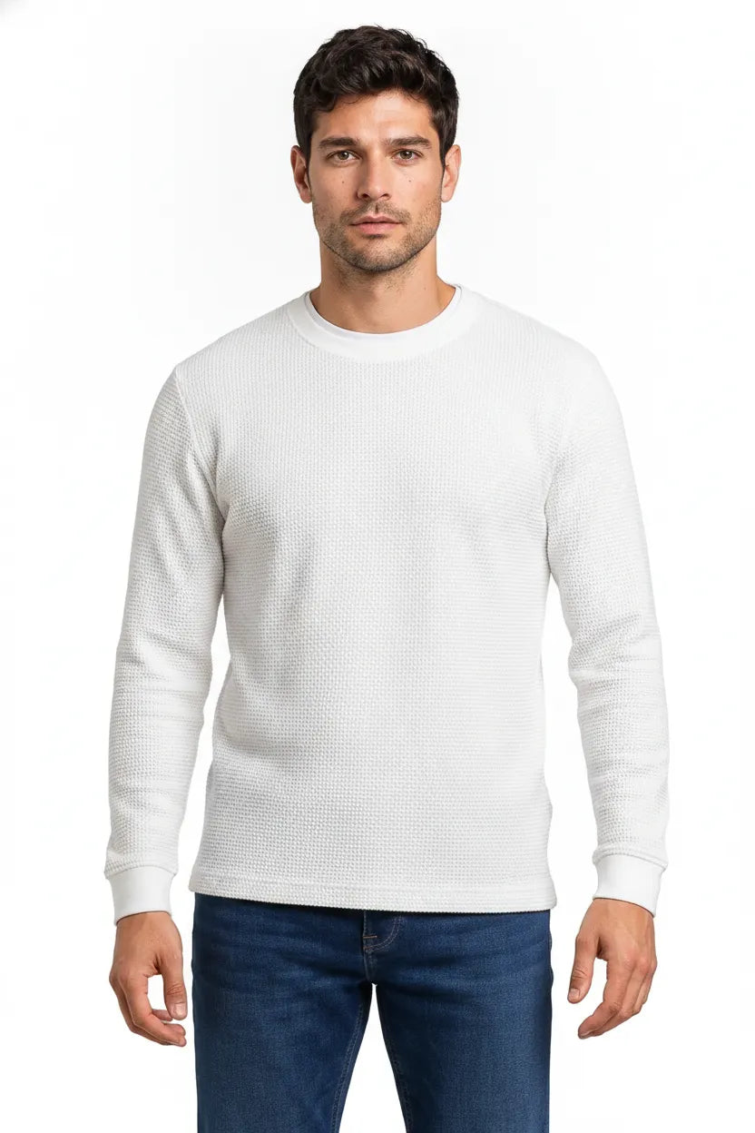 Men’s Off White Crew Neck Sweatshirt in Brushed Seersucker Fabric |