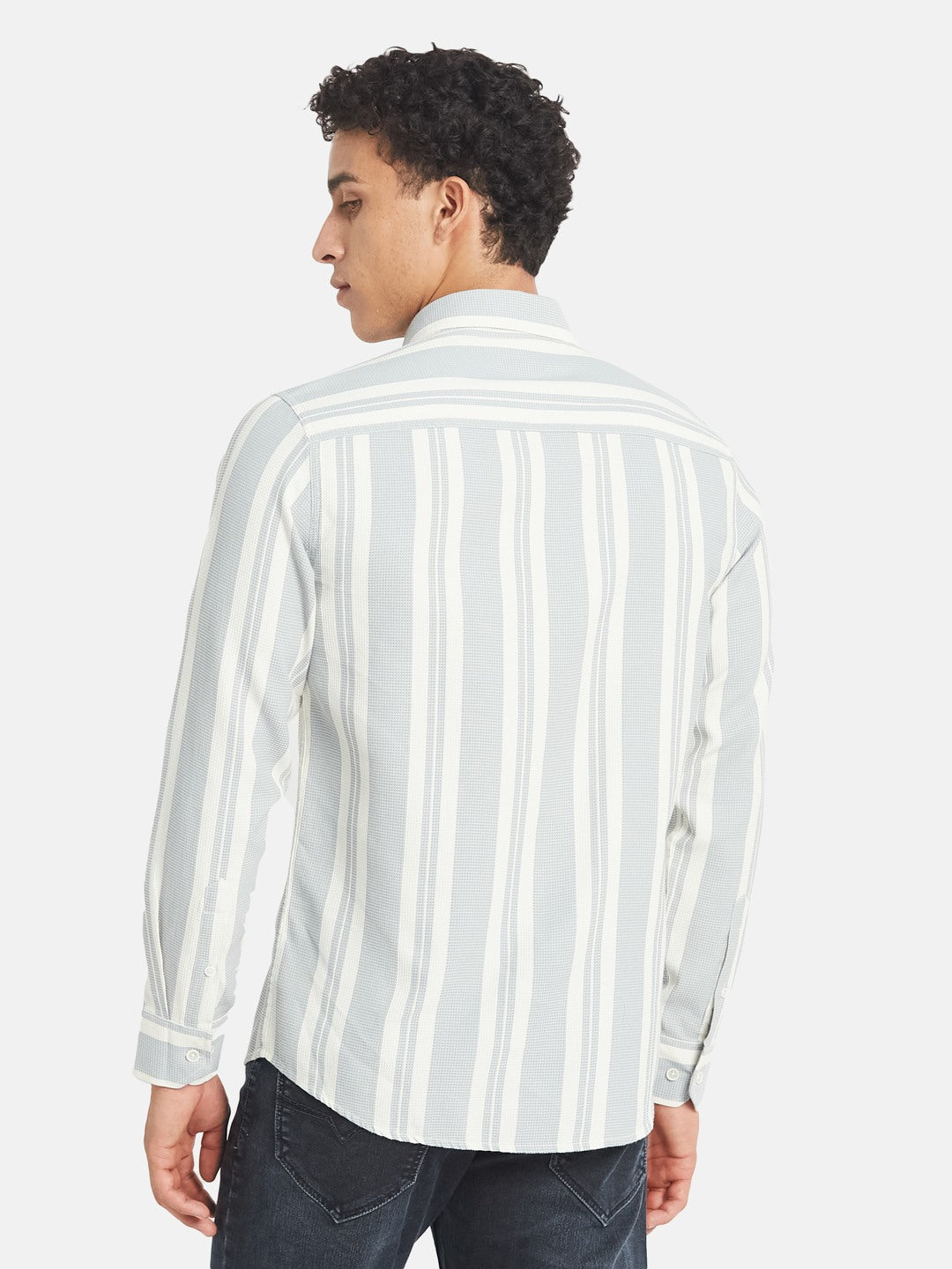 METTLE SS25 Stripped Printed Spread Collar Cotton Shirt