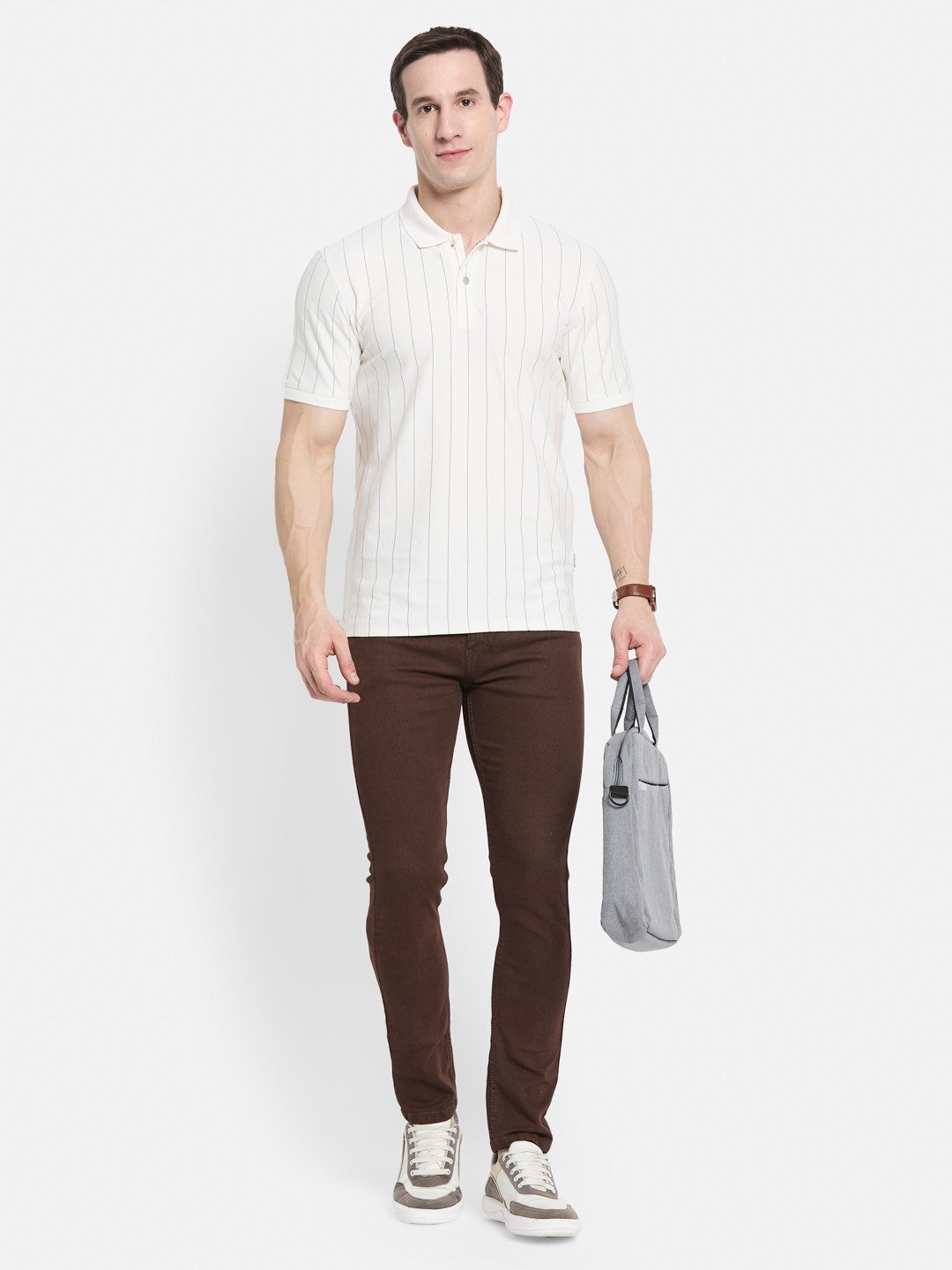 Octave Men Striped Polo Collar Cotton T-shirt