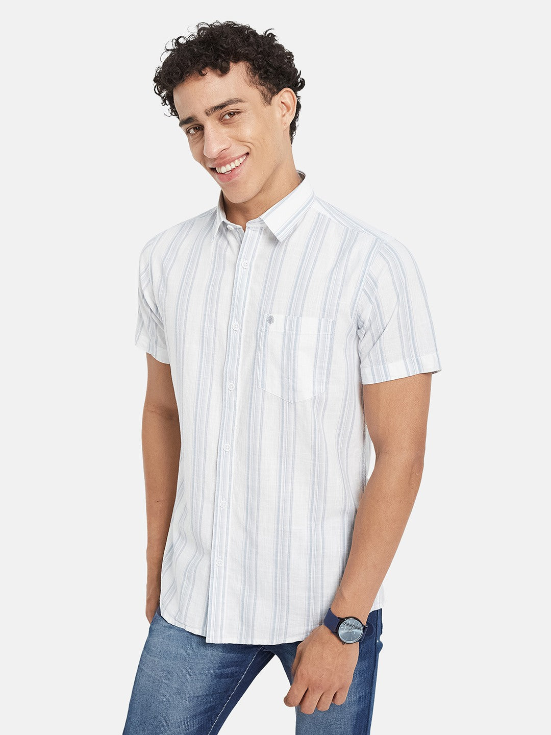 METTLE Striped Short Sleeves Spread Collar Cotton Opaque Regular Fit Casual Shirt
