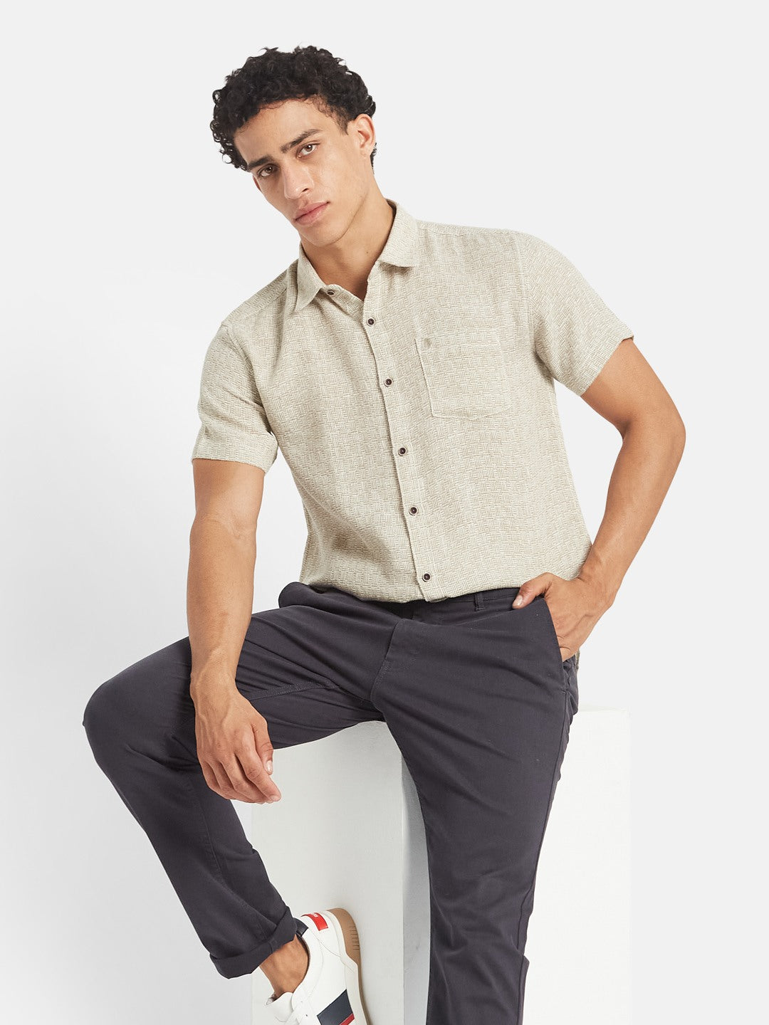 METTLE Textured Short Sleeves Spread Collar Cotton Opaque Regular Fit Casual Shirt