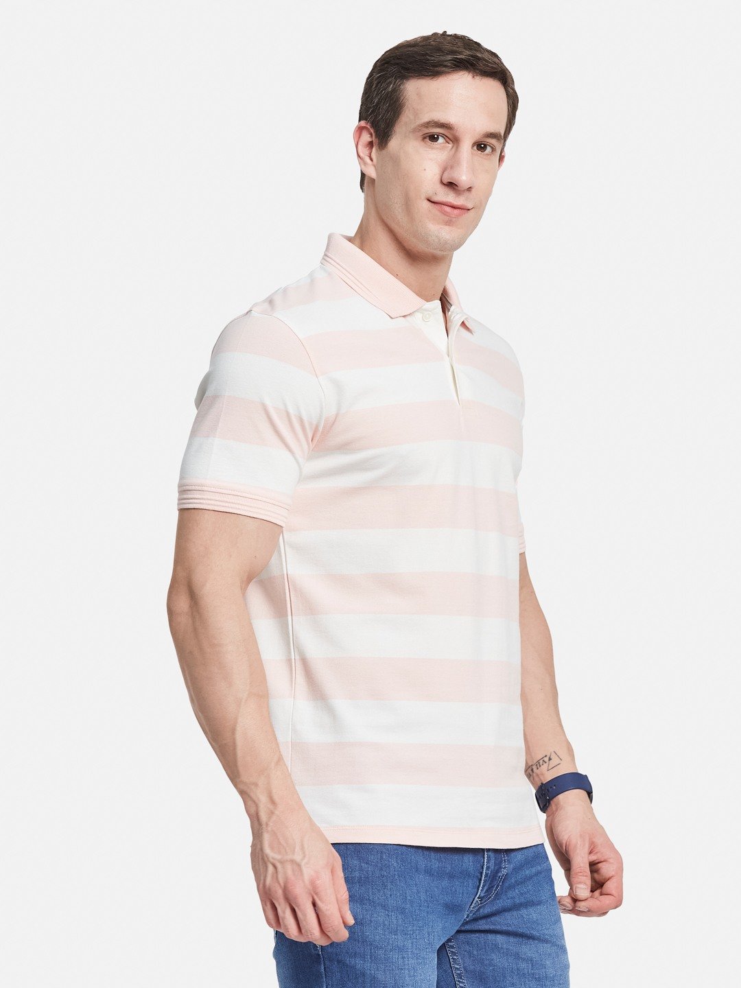 STRIPE POLO NECK PIQUE LYCRA T-SHIRT