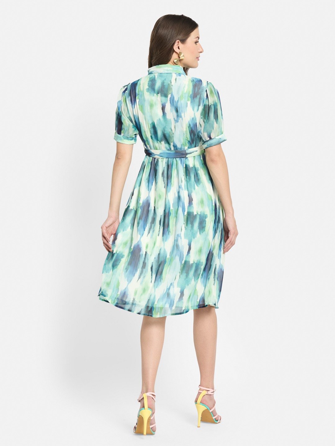 METTLE Women Print Shirt Collar Puff Sleeves Fit & Flare Dress