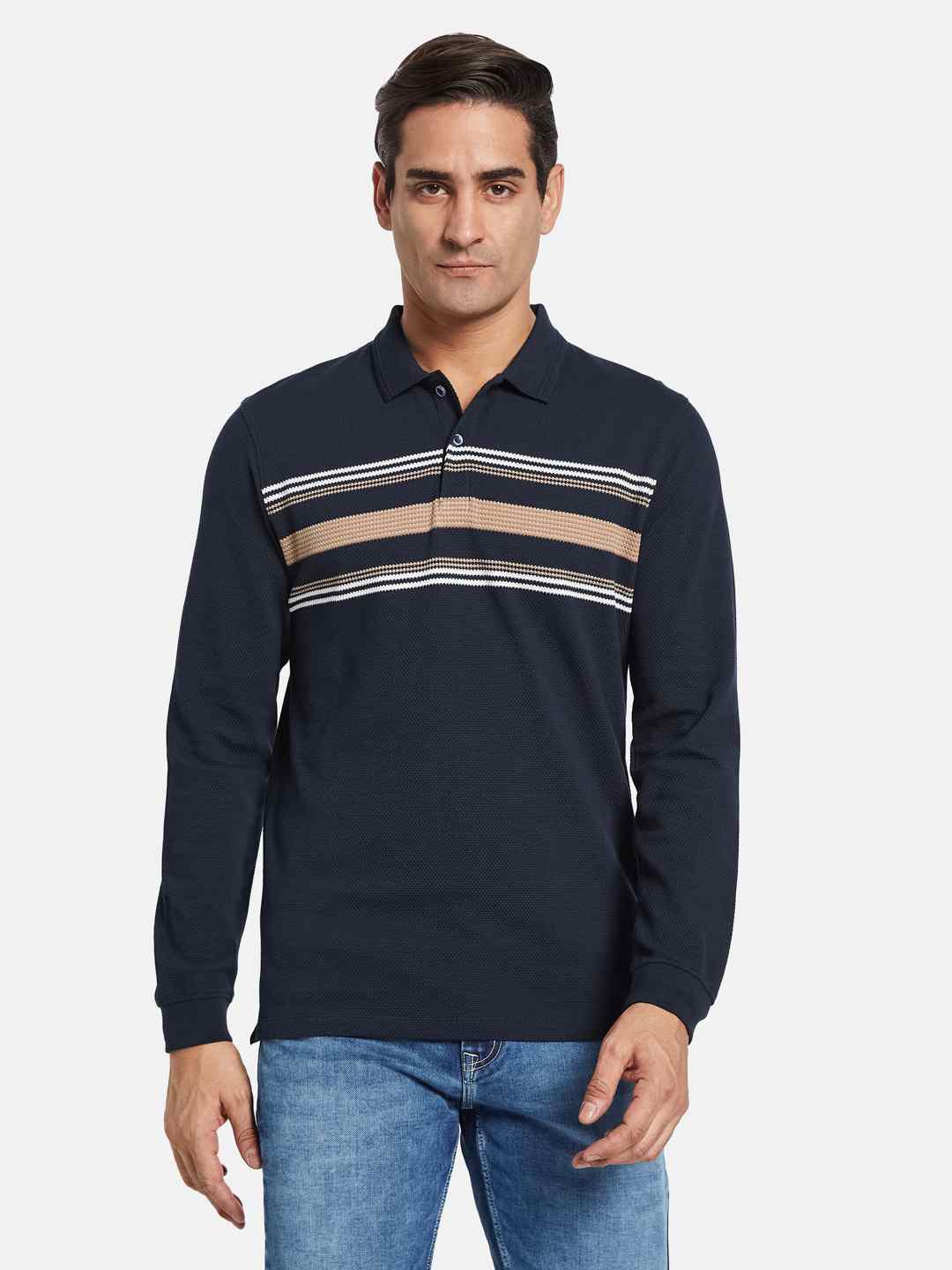 METTLE Men Striped Polo Collar T-shirt