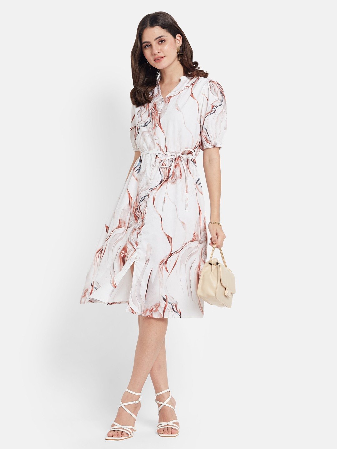 METTLE Women Abstract Print Tie-Ups Puff Sleeves Fit & Flare Dress